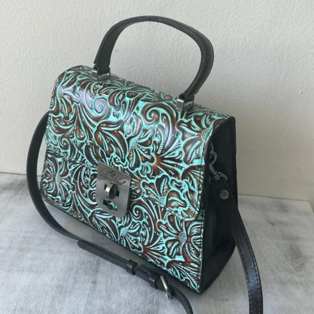 Patricia Nash Leather Tooled Chauny Turquoise Handbag Crossbody Top Handbag